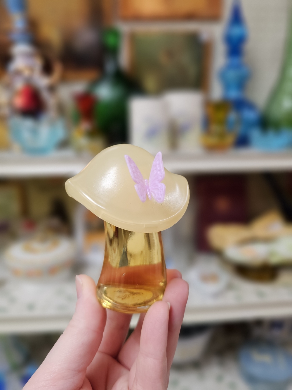 Vintage 70s Avon Fluttering Fancy Glass Yellow Mushroom Butterfly Figure Bottle